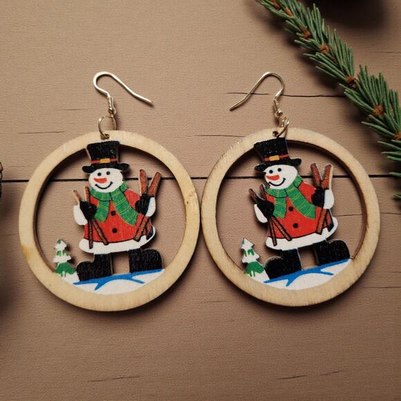 Round Wood Snowman Earrings Christmas Holiday Lightweight 2.3x3.2" - Picture 7 of 8